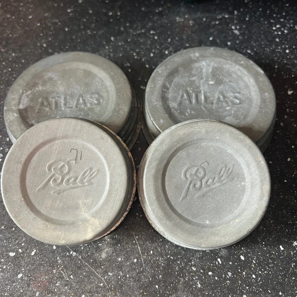 Ball and Atlas‎ Vintage Zinc Canning Jar Lids with Milk Glass Liners Set of 4